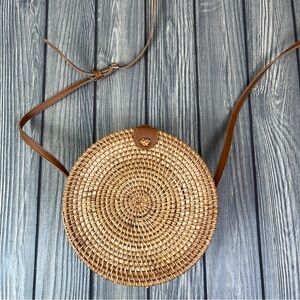 Round Woven Rattan Wicker Crossbody Bag - Brown